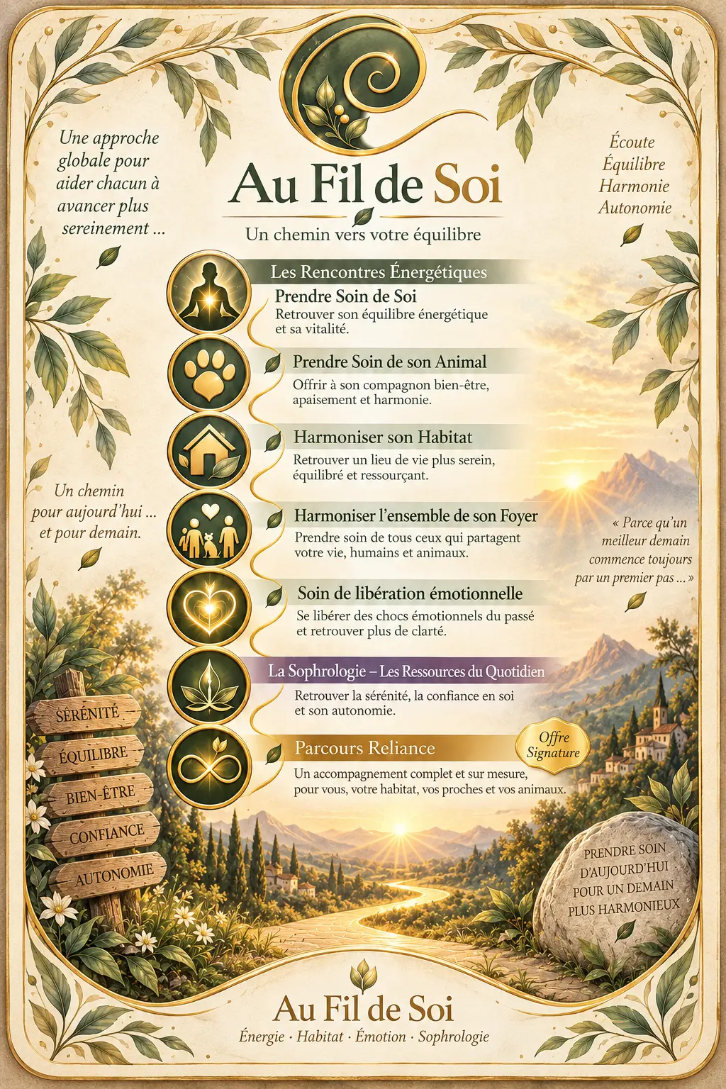 Carte de présentation Au Fil de Soi : une approche globale avec les sept accompagnements proposés — rencontres énergétiques, soin de l'animal, harmonisation de l'habitat et du foyer, libération émotionnelle, sophrologie et parcours Reliance.