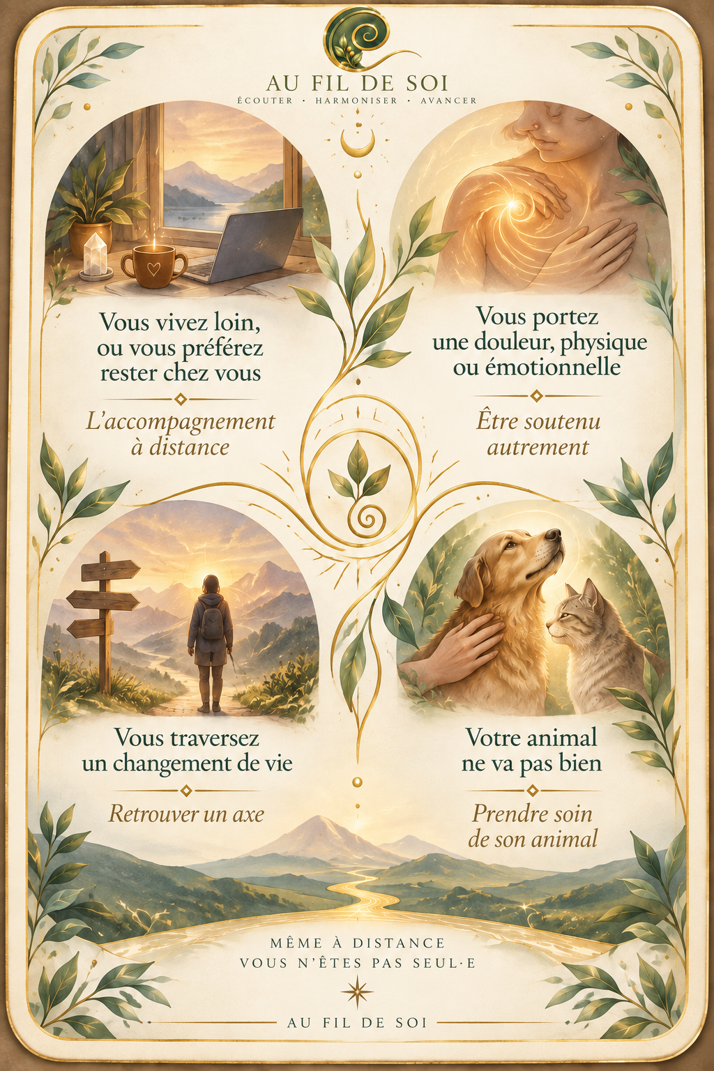 Les situations accompagnées par Au Fil de Soi : accompagnement à distance, douleur physique ou émotionnelle, changement de vie et soin de son animal.