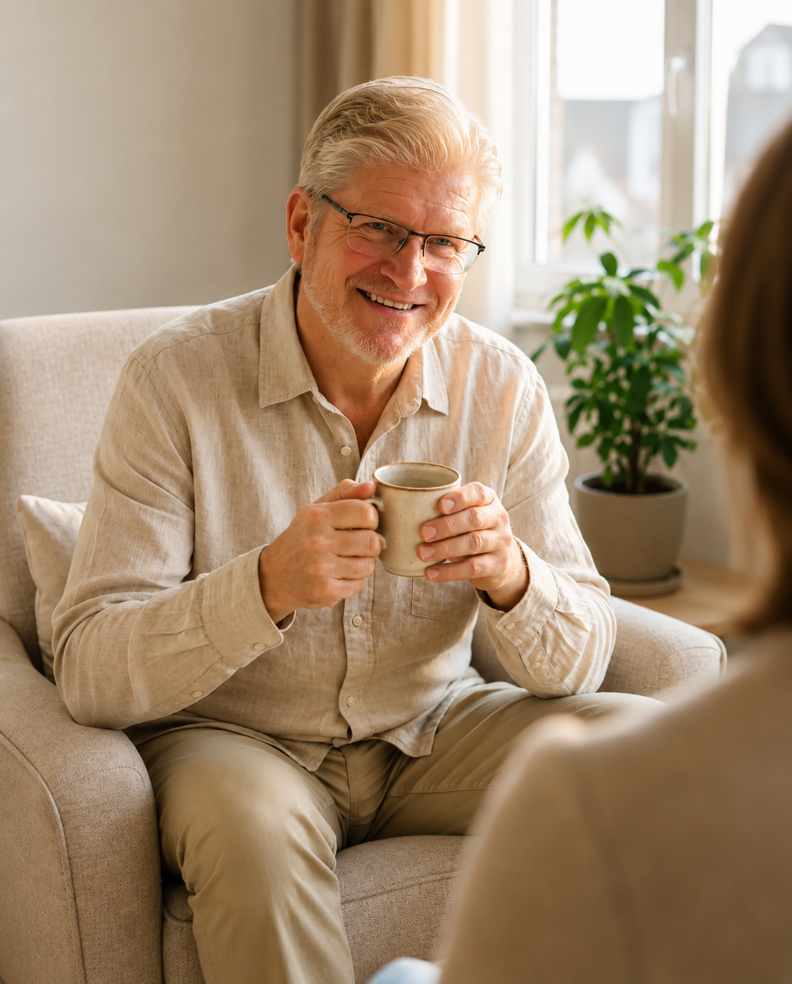 Un homme tient une tasse lors d'un échange bienveillant en visioconférence.