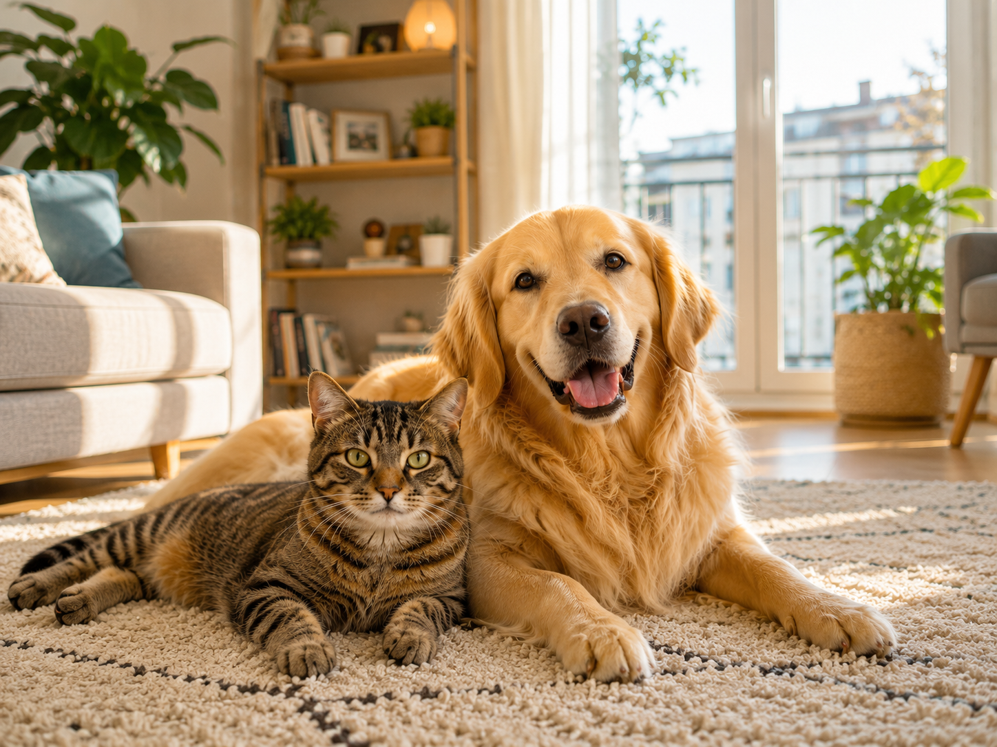 Un chat et un chien vivant ensemble en harmonie dans un appartement, illustrant la prise en soin des animaux et l'équilibre du foyer.