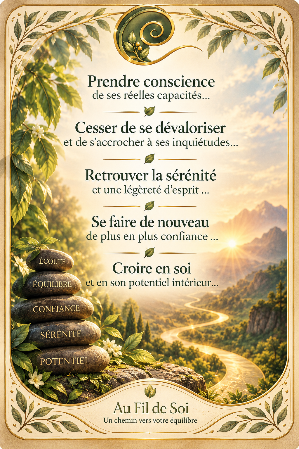 Carte illustrée Au Fil de Soi : un chemin doré serpentant dans une vallée verdoyante, avec une pile de pierres gravées écoute, équilibre, confiance, sérénité et potentiel, et les phrases « Prendre conscience de ses réelles capacités », « Cesser de se dévaloriser », « Retrouver la sérénité », « Se faire de nouveau de plus en plus confiance », « Croire en soi et en son potentiel intérieur ».