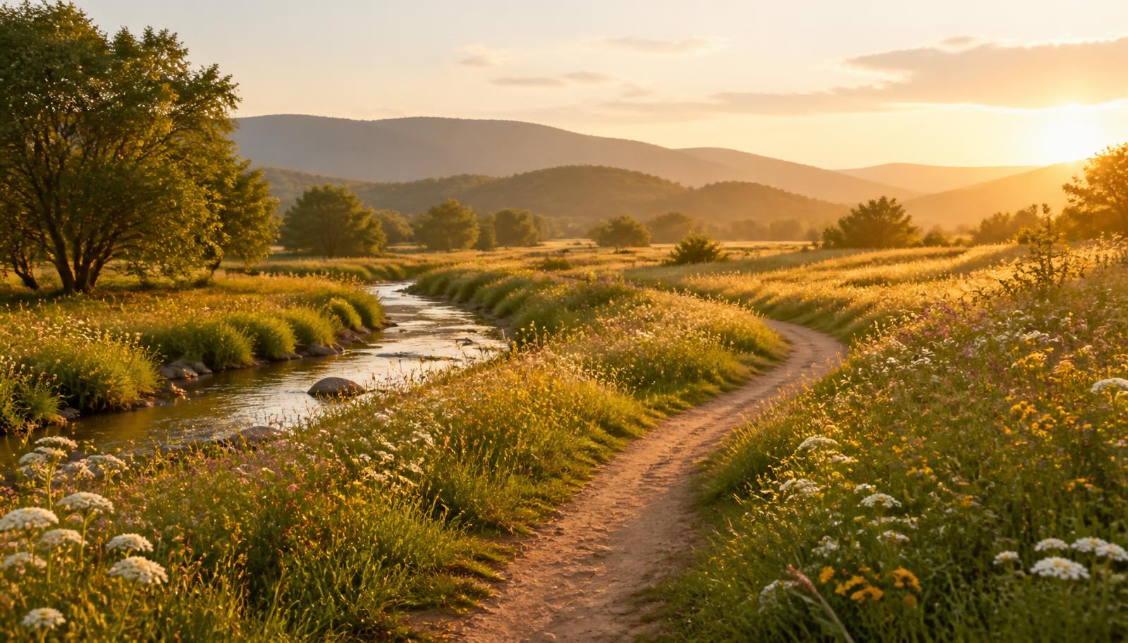Un chemin apaisé dans la lumière du soir, illustrant l'accompagnement à travers les changements de vie, la libération émotionnelle et le retour à l'équilibre.